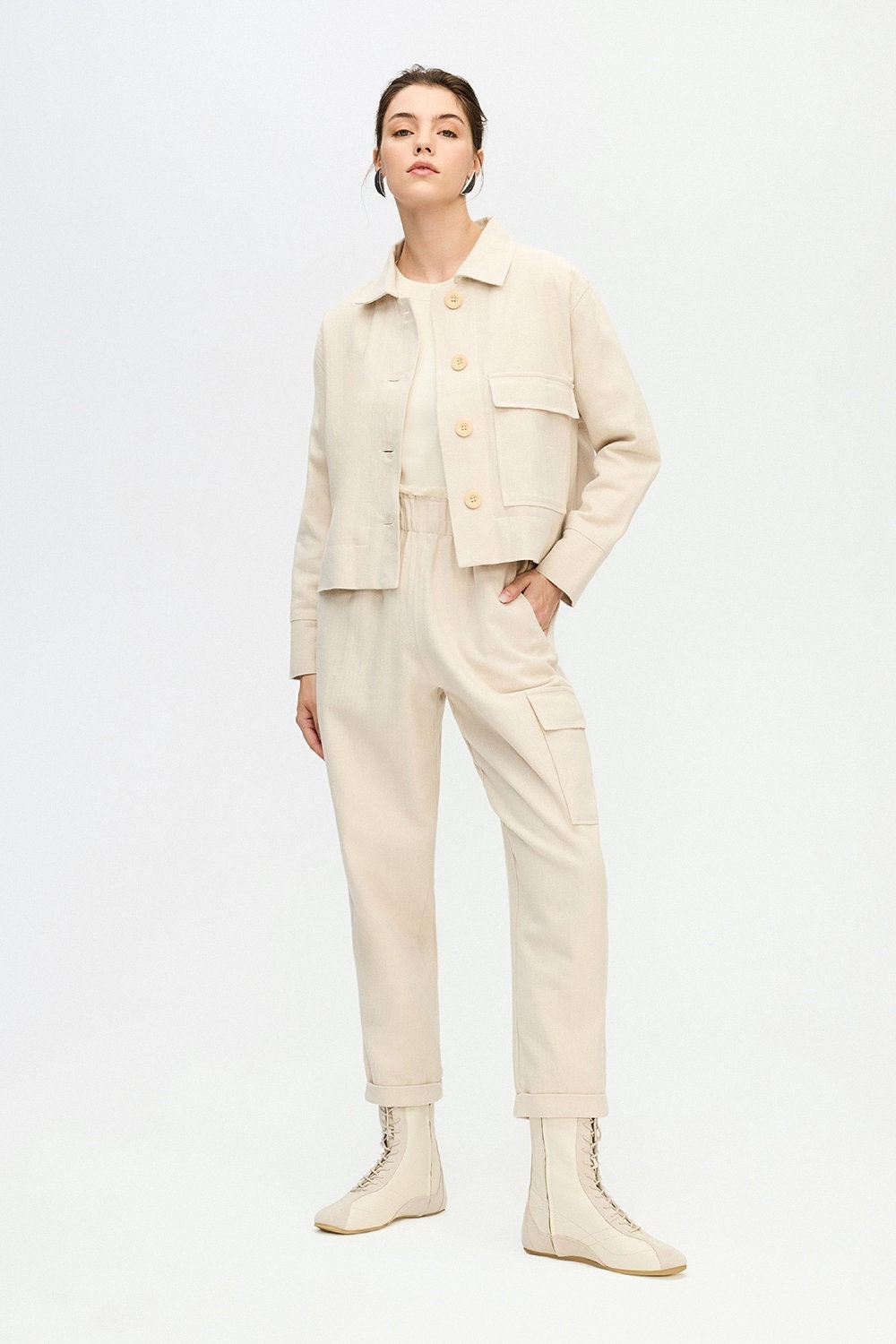 Herringbone Short Jacket Cotton Beige Cream Soft Herringbone Short Jacket Cotton Beige Cream Soft