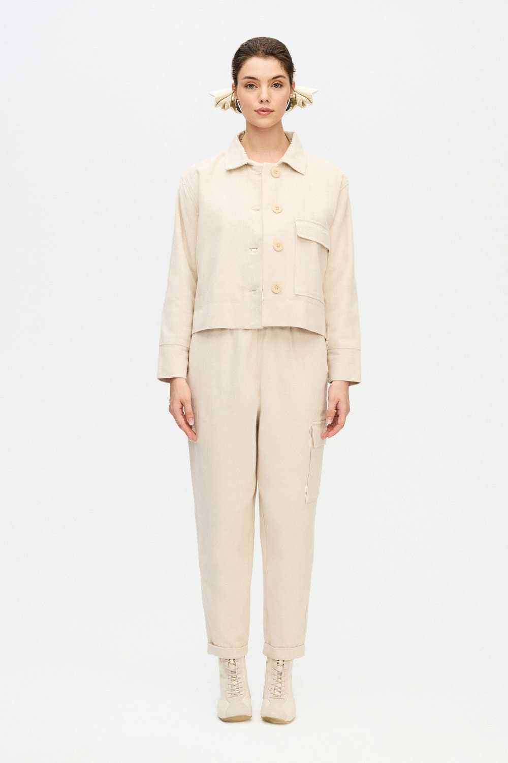 Herringbone Short Jacket Cotton Beige Cream Soft Herringbone Short Jacket Cotton Beige Cream Soft