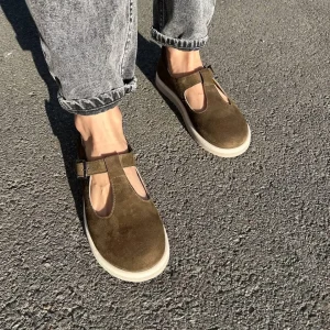 Olive Suede Mary Janes: Wide Toe Box T-strap Flats