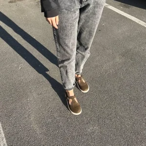 Olive Suede Mary Janes: Wide Toe Box T-strap Flats