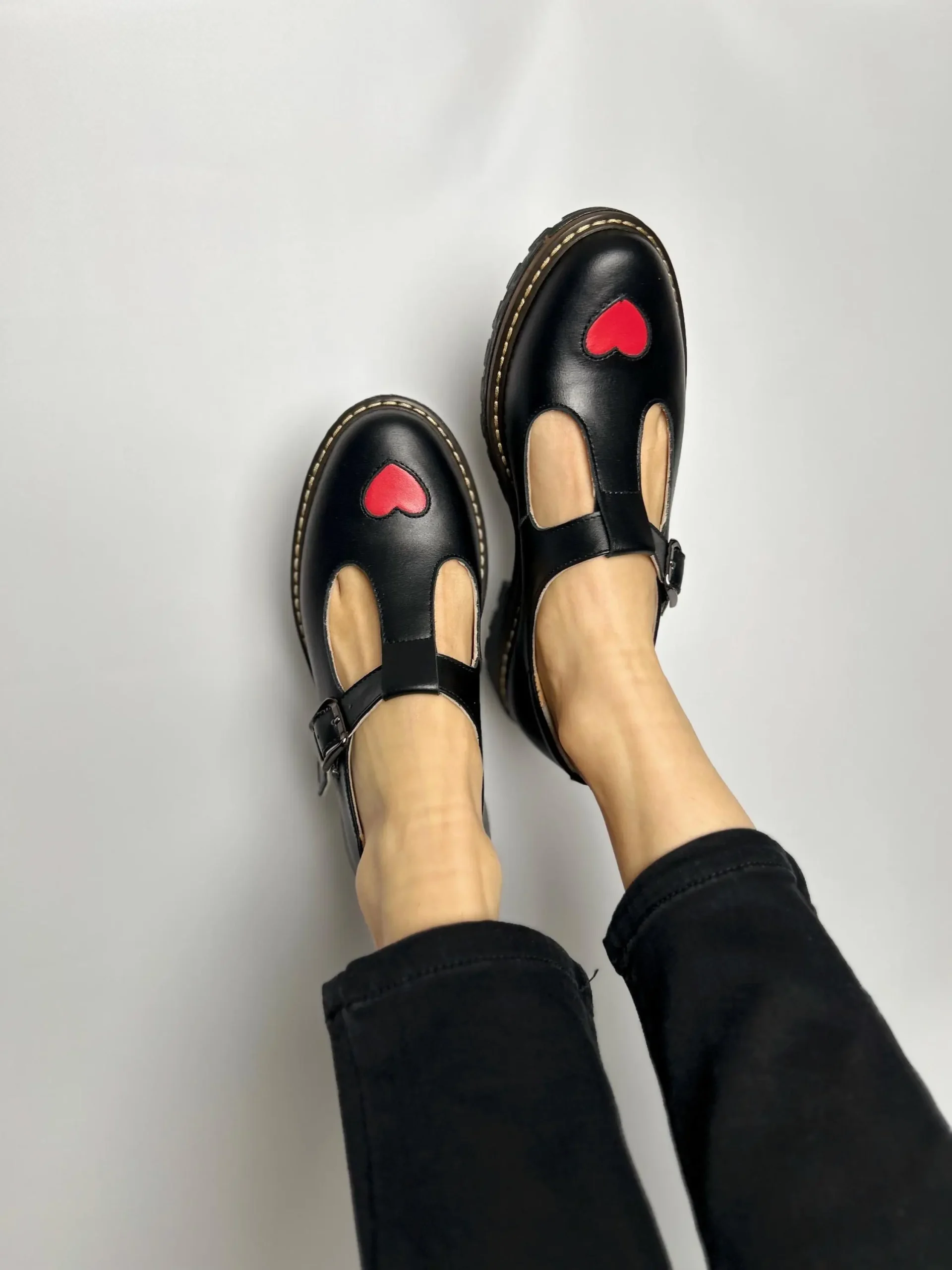 Black Heart T-strap Leather Mary Janes