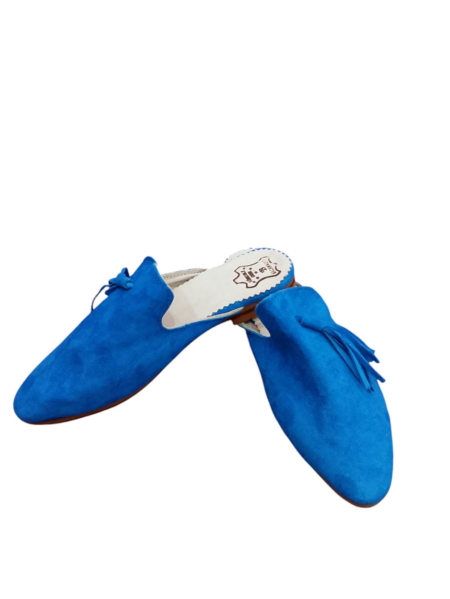 Women’s Bleu Leather Mules Handmade Pointed Toe Slip Women’s Bleu Leather Mules Handmade Pointed Toe Slip