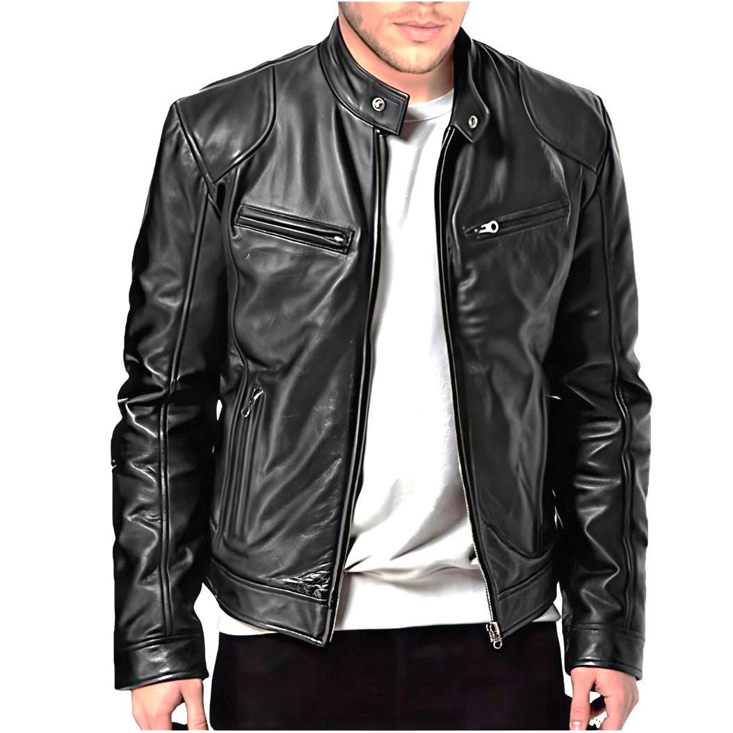 Cafe Racer Leather Jacket: Genuine Sheepskin Black Metal Cafe Racer Leather Jacket: Genuine Sheepskin Black Metal