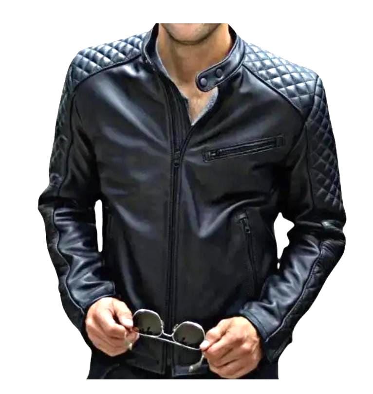 Men's Sheepskin Leather Cafe Racer Jacket Black Motorcycle Men's Sheepskin Leather Cafe Racer Jacket Black Motorcycle