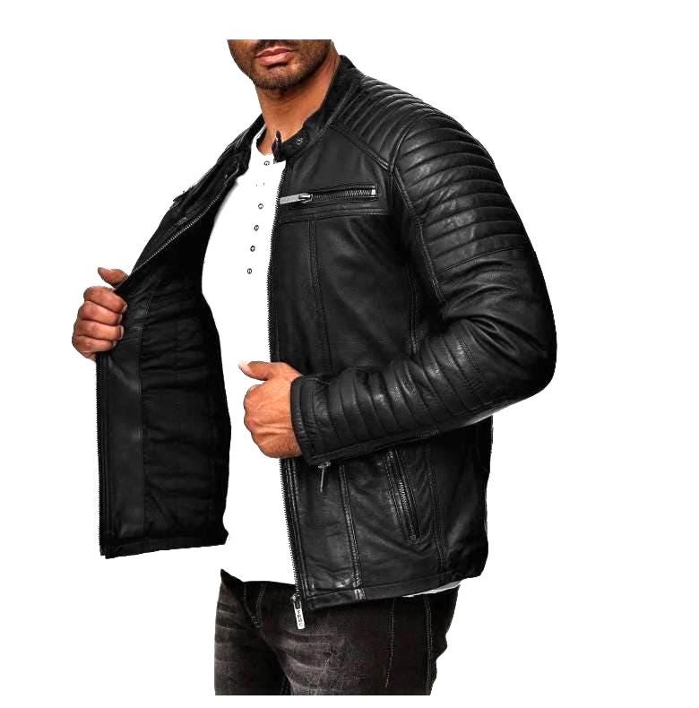 Men's Black Sheepskin Leather Cafe Racer Jacket Tn5bk Men's Black Sheepskin Leather Cafe Racer Jacket Tn5bk