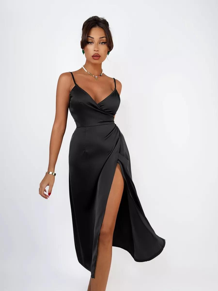 Black Silk Wrap Dress With Side Slit Elegant Black Silk Wrap Dress With Side Slit Elegant